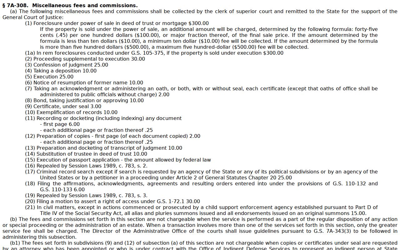 Washington County civil docket Clerk copy and certification fee statute