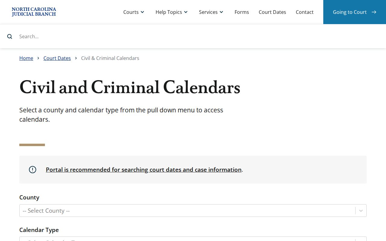 Washington County court calendar civil and criminal selector