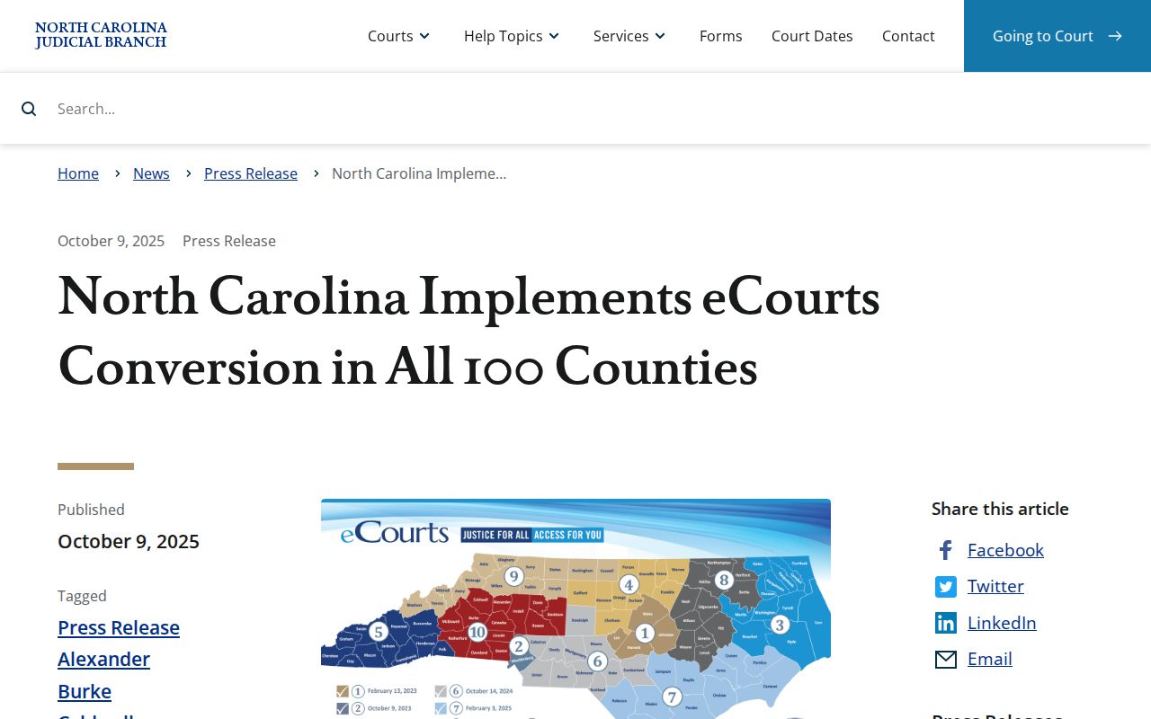 Washington County court dates North Carolina eCourts statewide conversion announcement