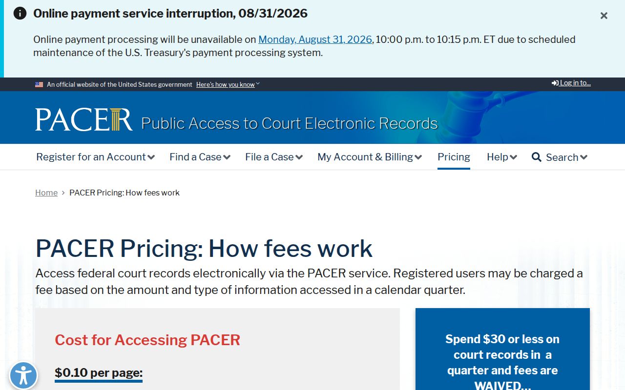 Washington County court records PACER pricing information